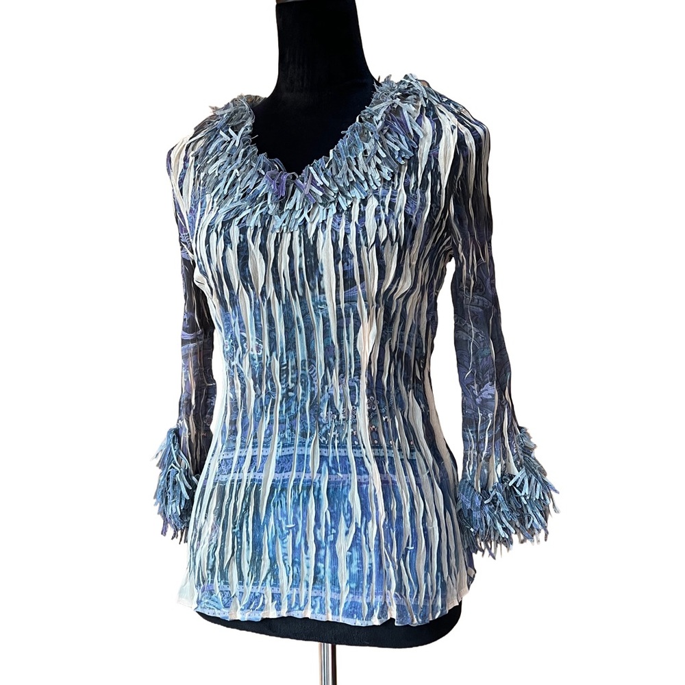 Vintage Y2K ruffle v neck Blue‎ stretch Women's Top - Picture 2 of 9